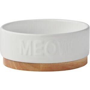 Meow Ceramic Cat Bowl w/ Wood Base – 1.25 Cup (10 oz.), Non-Skid, 5.01"D 2.1"H